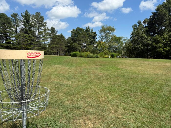 A disc golf course sits on a field in a green field inside a park.