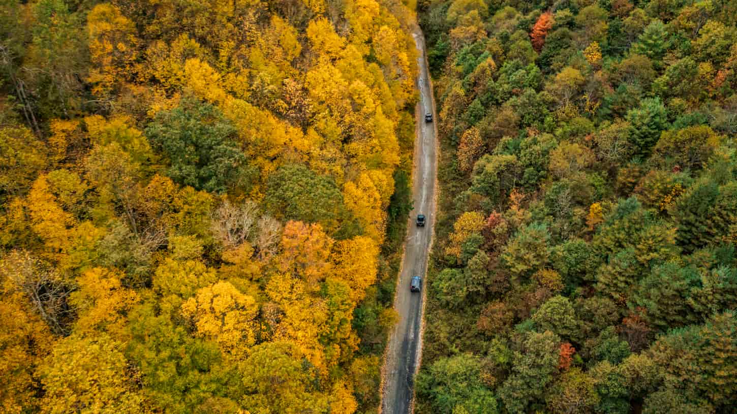 a drone image of several ATVs traveling along a mountain ATV trail. Colorful fall foliage surrounds the winding ATV trail on all sides.