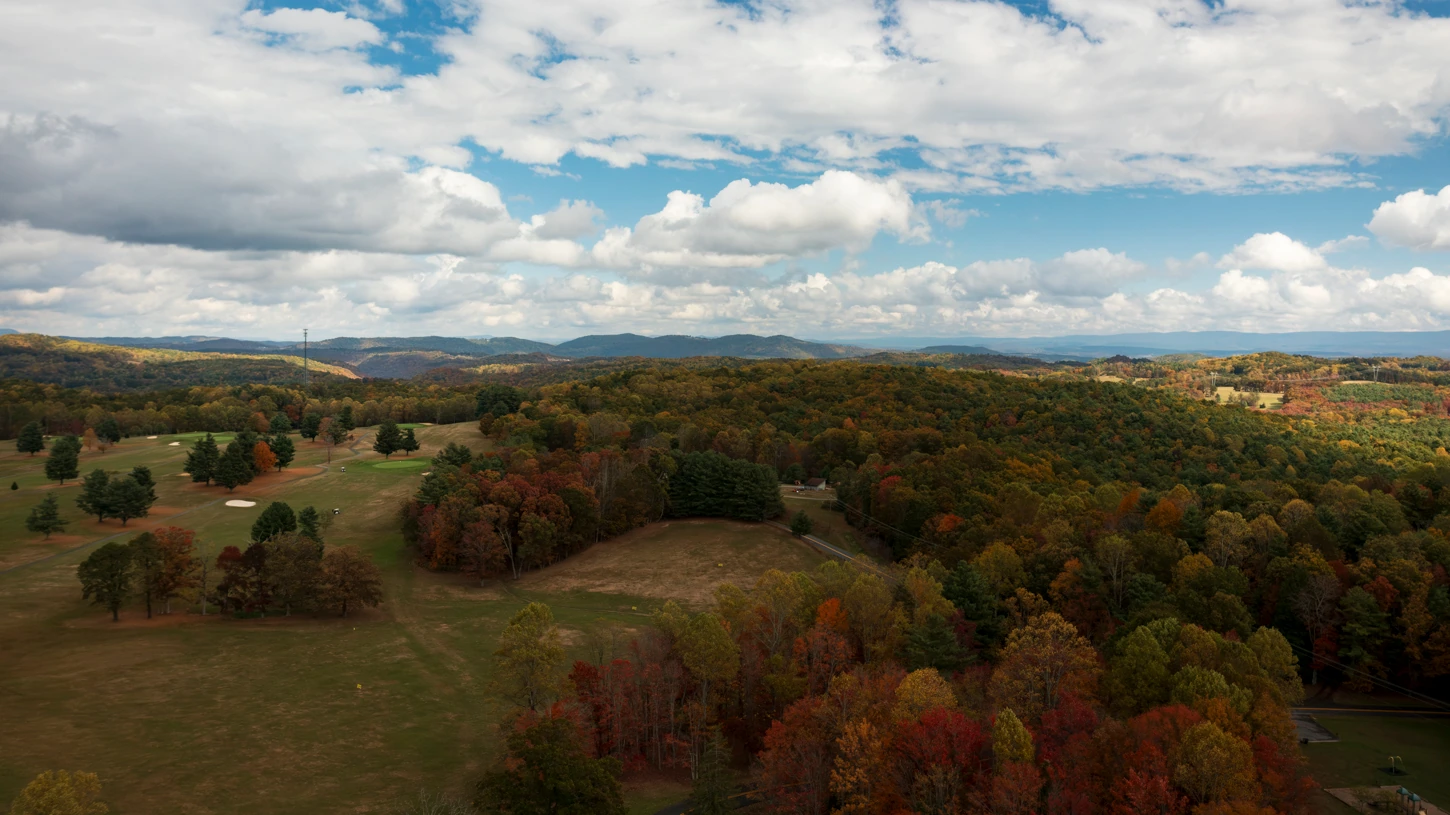 A scenic aerial image of a golf course in Mercer County, West Virginia.