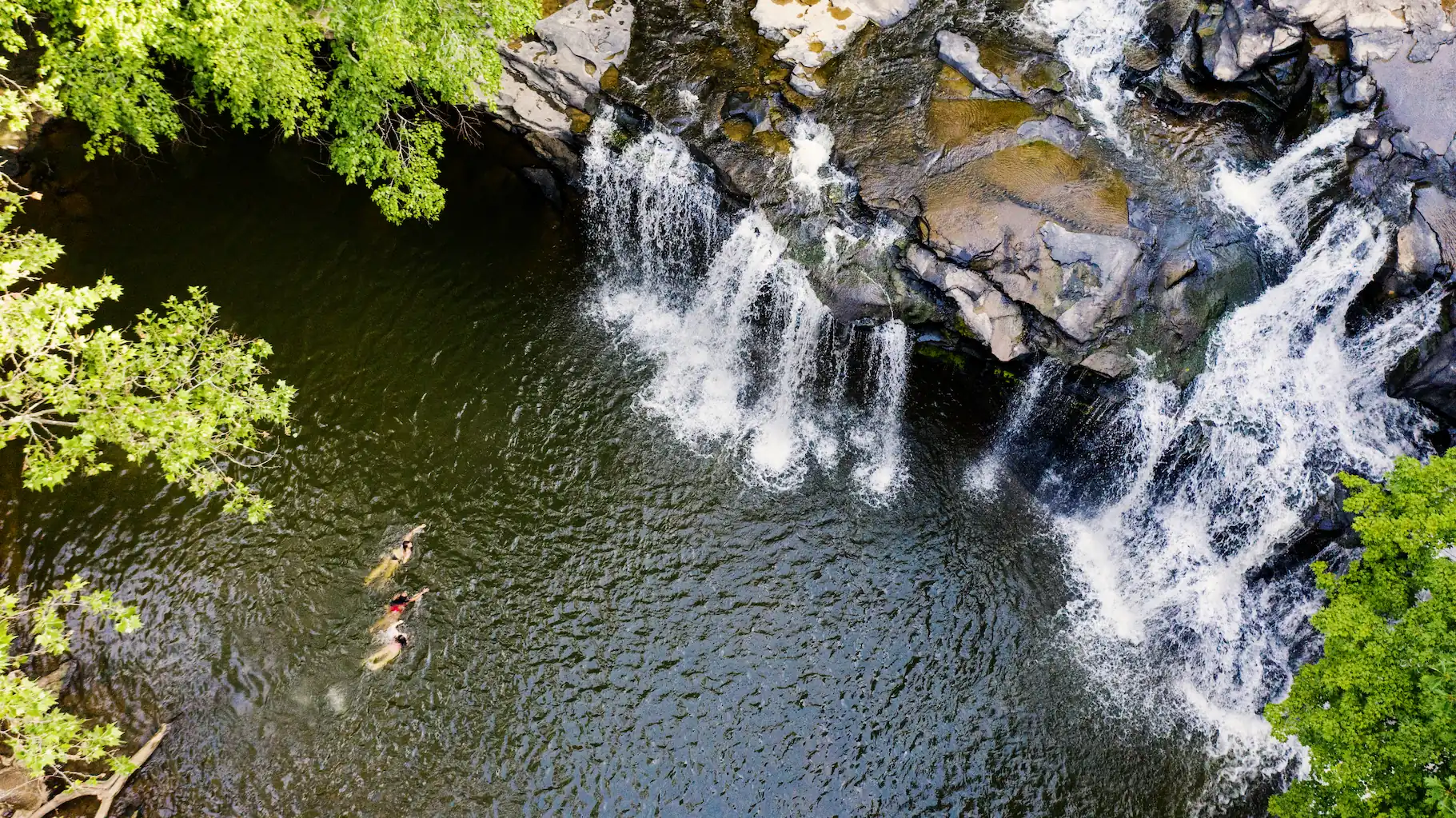 An overhead image of three women swimming in the water at the base of the Brush Creek waterfall
