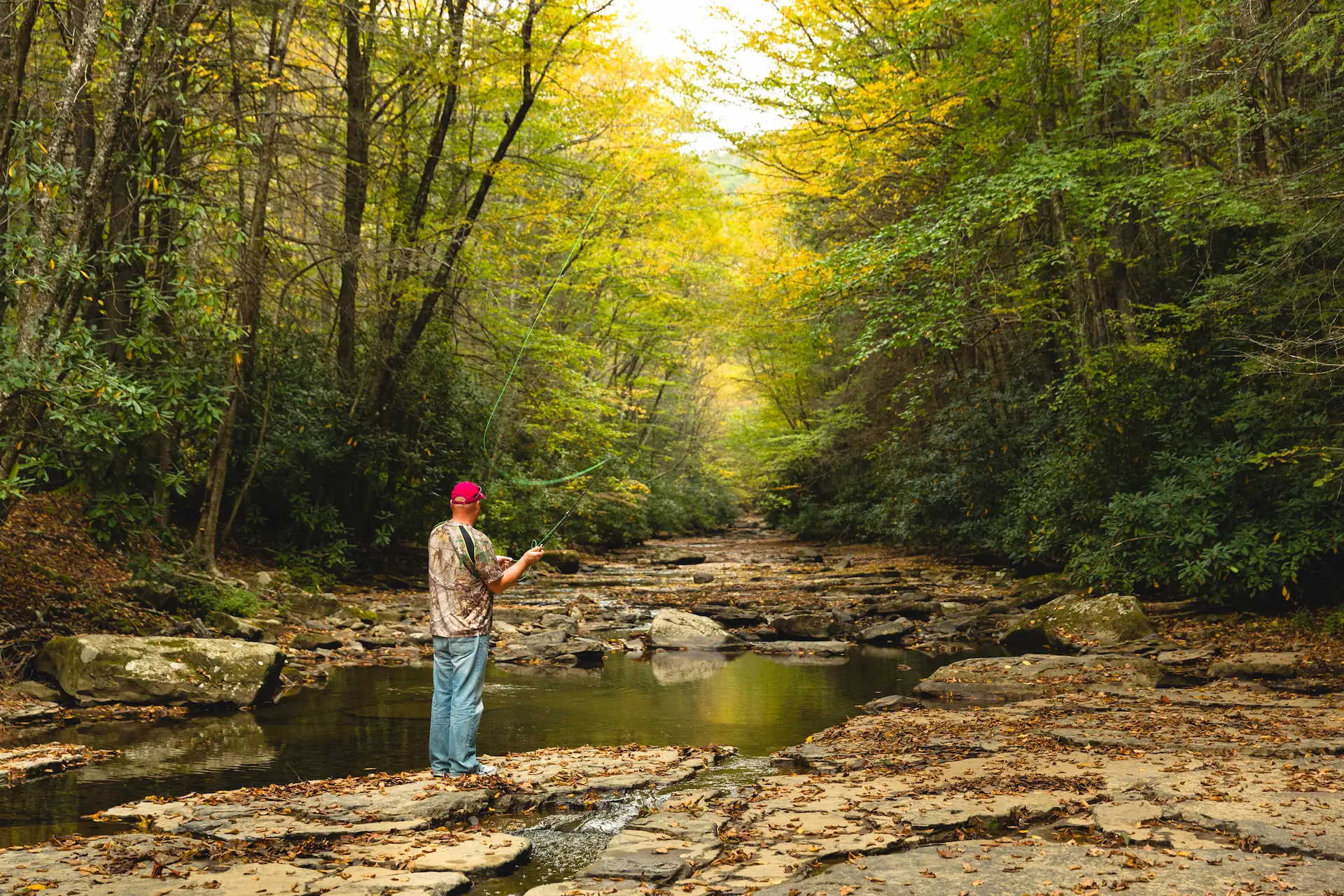 A man in a camouflage t-shirt and blue jeans casts a fly fishing rod at a serene creek.