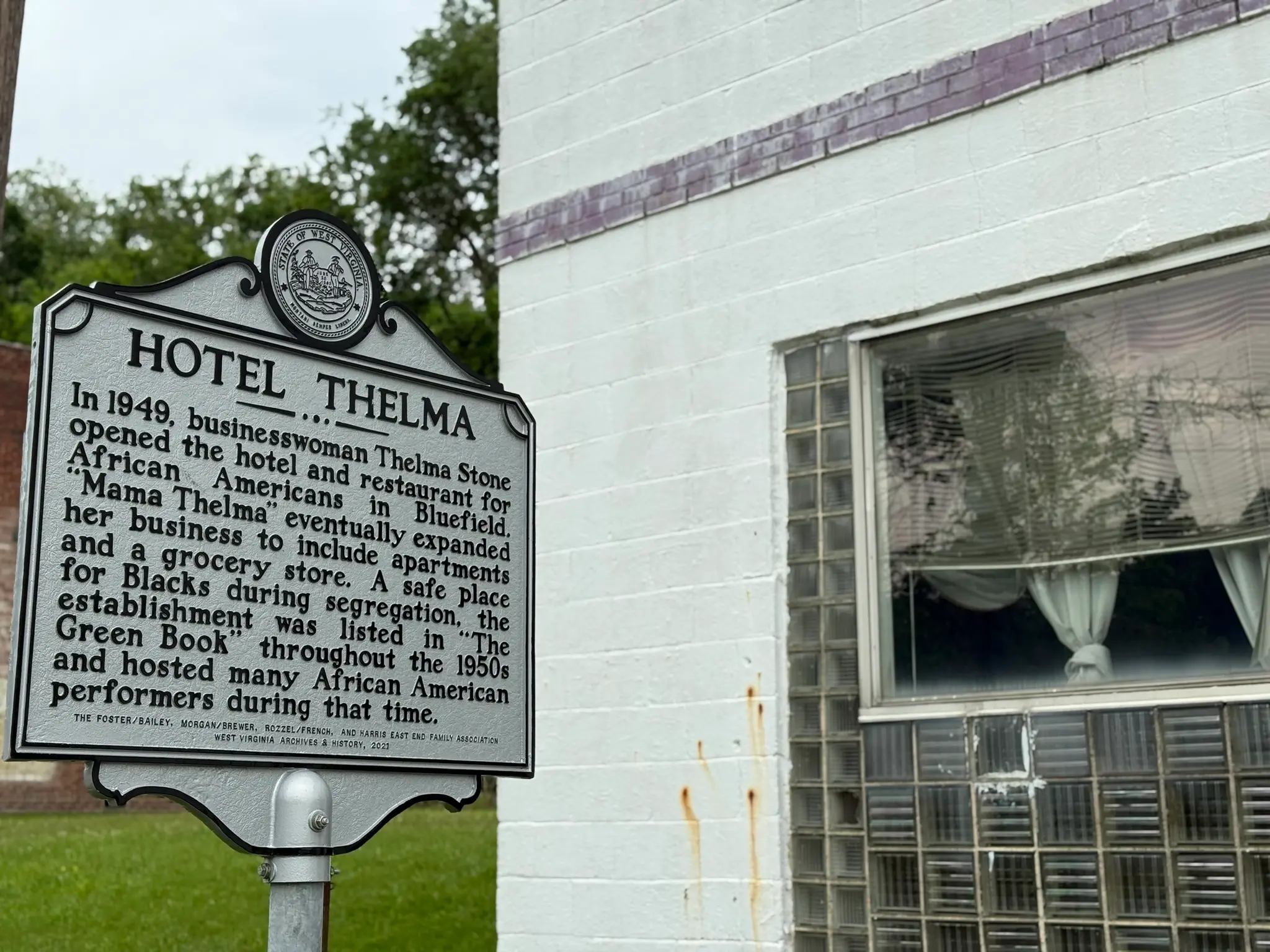 A historical marker in Bluefield, WV, honors Hotel Thelma, established in 1949 by Thelma Stone as a safe haven for African Americans during segregation, listed in the Green Book and frequented by performers of the era.