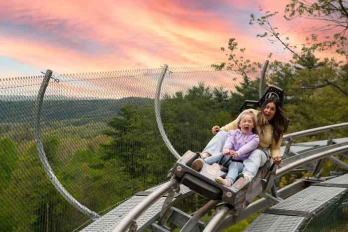 A mom and young daughter rides the mountain coaster in the summer at sunset. The coaster is a state-of-the-art with its own brake system.