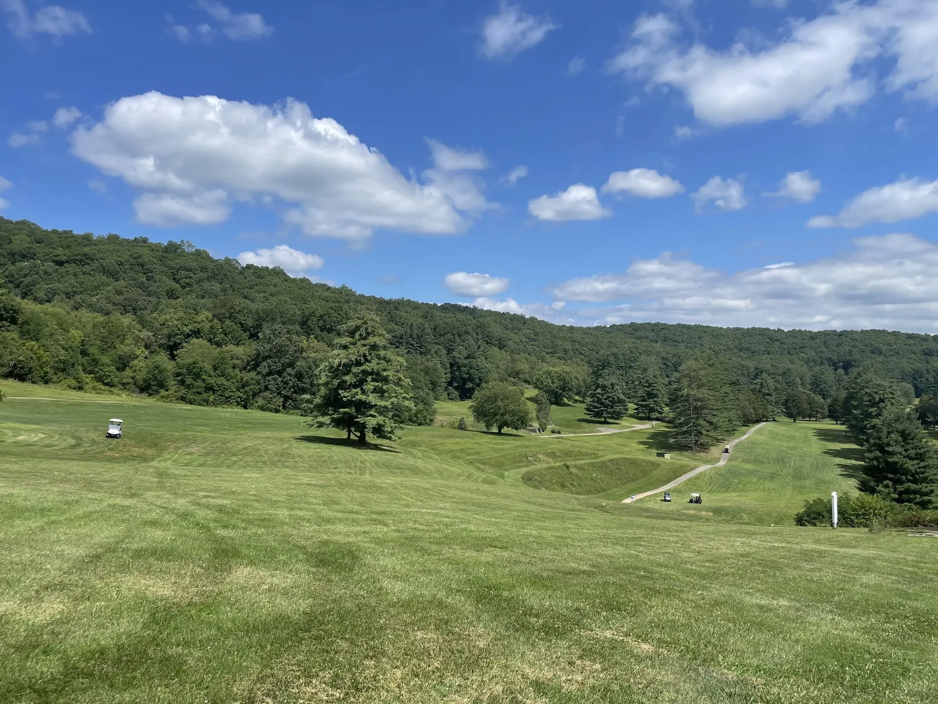 A golf cart sits in the distance on the Princeton Elks Golf Course. The skly is blue with clouds and the green rolling hills surround the course.