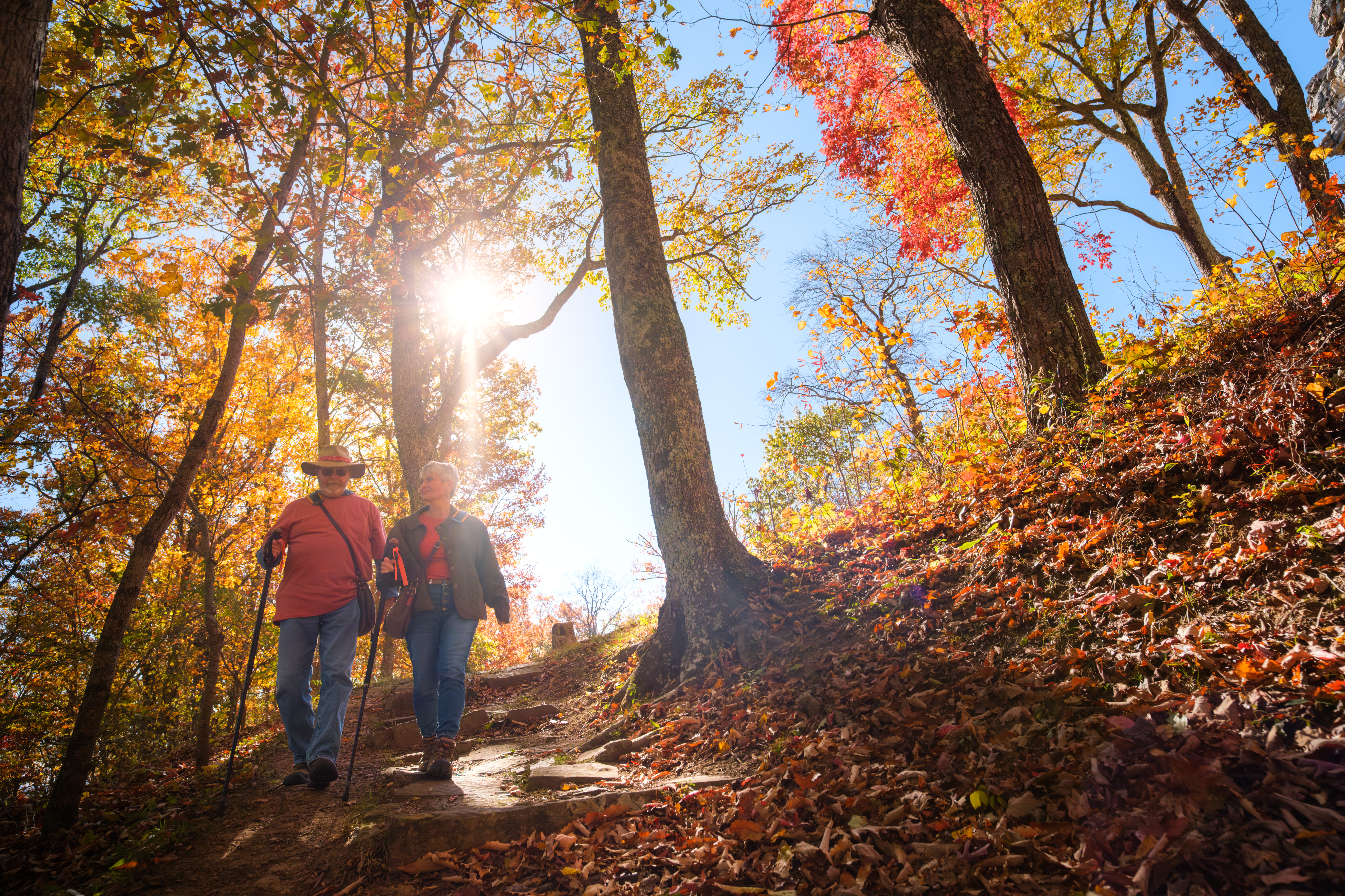 A couple hikes along a wooded trail surrounded by colorful fall foliage, with sunlight streaming through the trees in Mercer County, West Virginia.